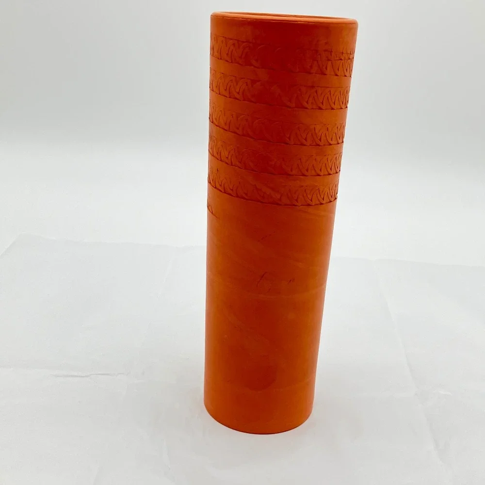 Terracotta Cylinder Vase 9.5in Orange Hand Carved Geometric Pattern